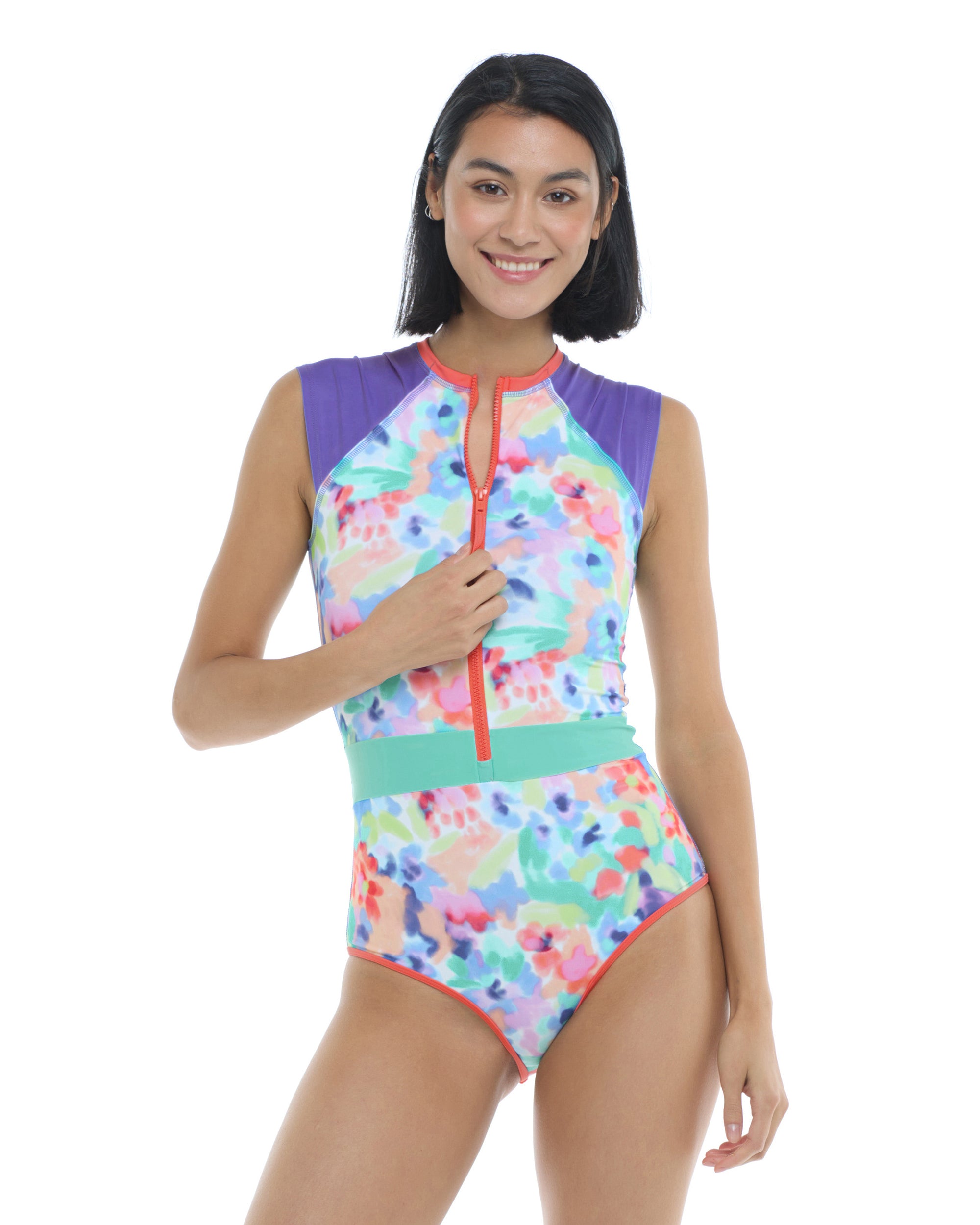 Posy Stand Up Cross-Over Fitted Tank One-Piece Swimsuit - Multi