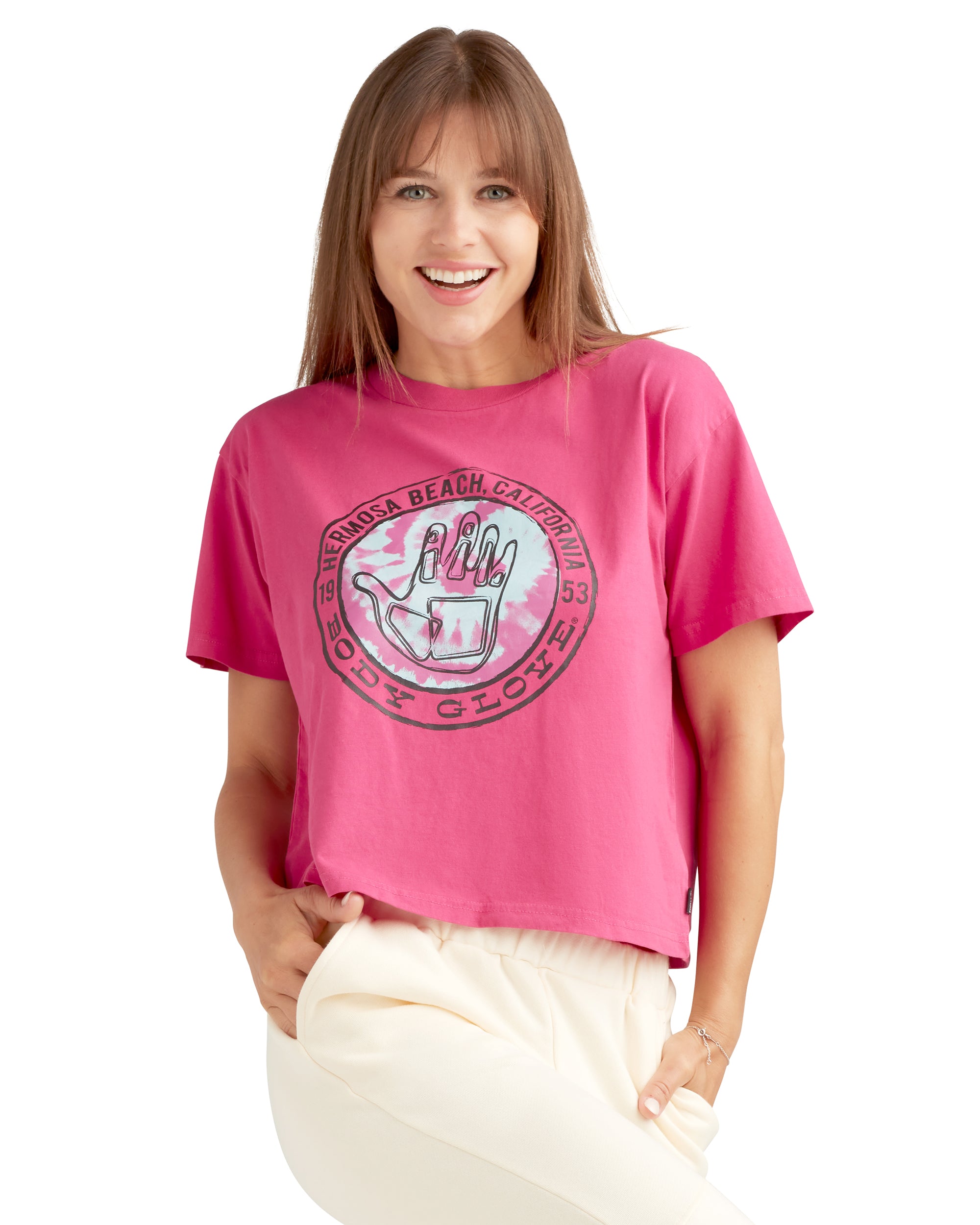 Hermosa Beach '53 Relaxed Fit Crop T-Shirt - Fuchsia